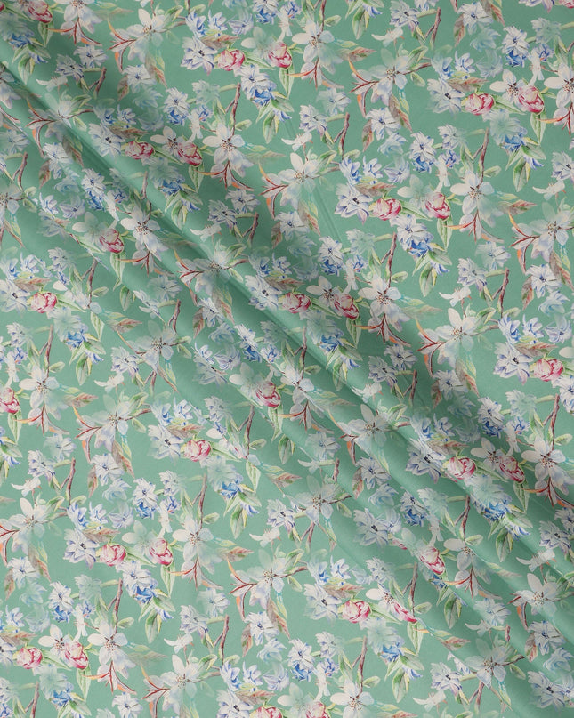 Mint Green Floral Printed Cotton Satin Fabric 110 Cms Width Soft Smooth Lustrous Dress Material India-D27962 Regal Fabrics