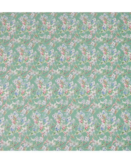 Mint Green Floral Printed Cotton Satin Fabric 110 Cms Width Soft Smooth Lustrous Dress Material India-D27962 Regal Fabrics