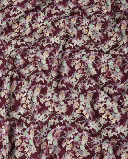 Burgundy Floral Printed Cotton Satin Fabric 110 Cms Width Soft Smooth Lustrous Dress Material India-D27956 Regal Fabrics