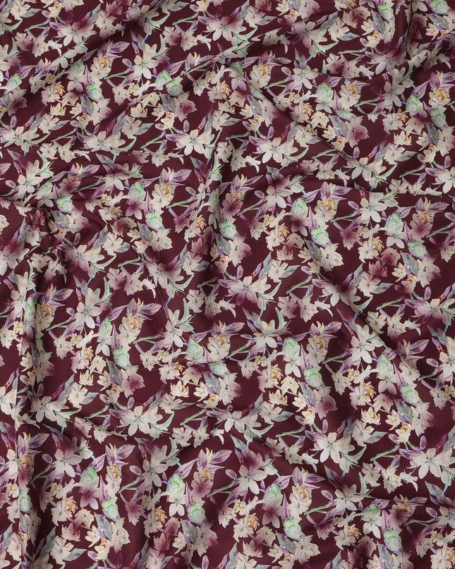 Burgundy Floral Printed Cotton Satin Fabric 110 Cms Width Soft Smooth Lustrous Dress Material India-D27956 Regal Fabrics
