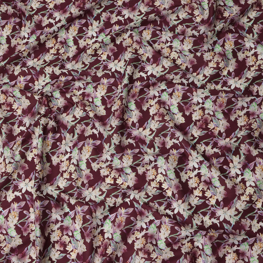 Burgundy Floral Printed Cotton Satin Fabric 110 Cms Width Soft Smooth Lustrous Dress Material India-D27956 Regal Fabrics