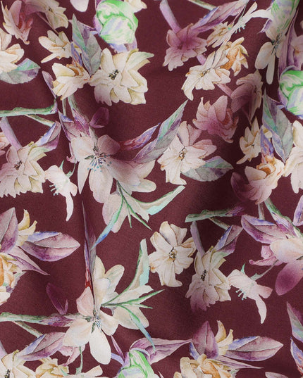 Burgundy Floral Printed Cotton Satin Fabric 110 Cms Width Soft Smooth Lustrous Dress Material India-D27956 Regal Fabrics