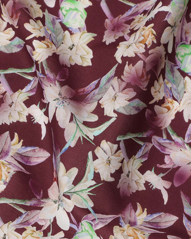 Burgundy Floral Printed Cotton Satin Fabric 110 Cms Width Soft Smooth Lustrous Dress Material India-D27956 Regal Fabrics