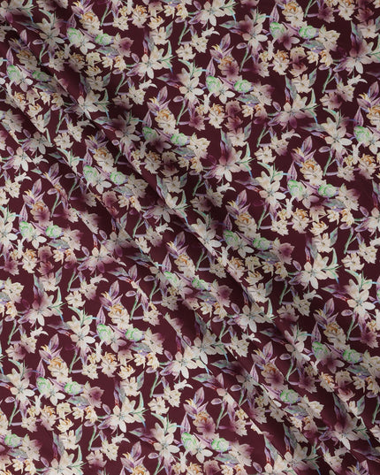 Burgundy Floral Printed Cotton Satin Fabric 110 Cms Width Soft Smooth Lustrous Dress Material India-D27956 Regal Fabrics
