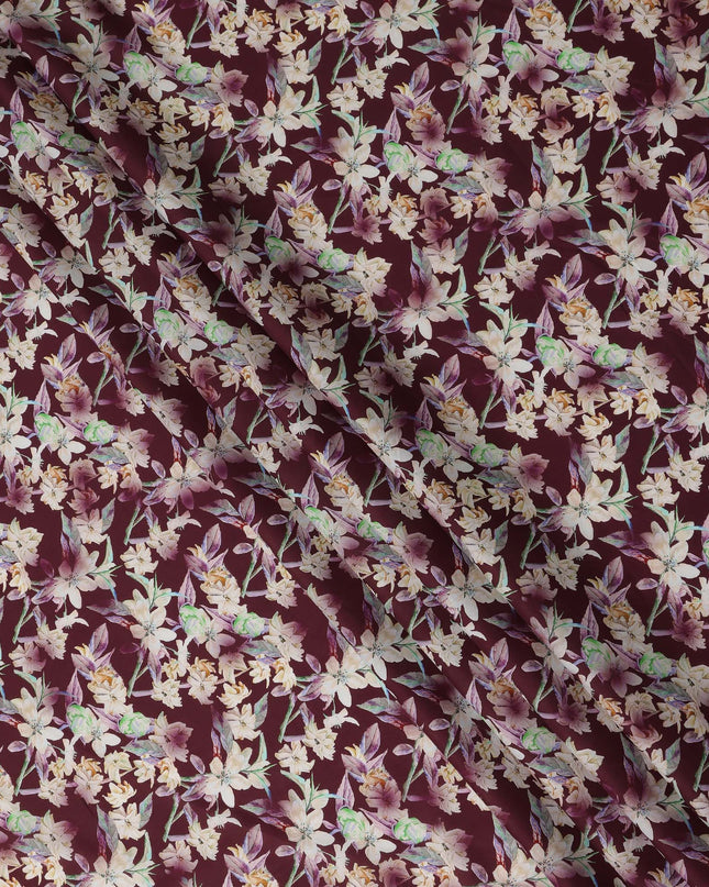 Burgundy Floral Printed Cotton Satin Fabric 110 Cms Width Soft Smooth Lustrous Dress Material India-D27956 Regal Fabrics