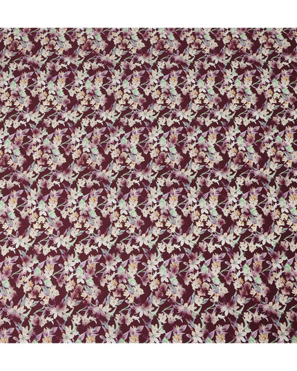 Burgundy Floral Printed Cotton Satin Fabric 110 Cms Width Soft Smooth Lustrous Dress Material India-D27956 Regal Fabrics