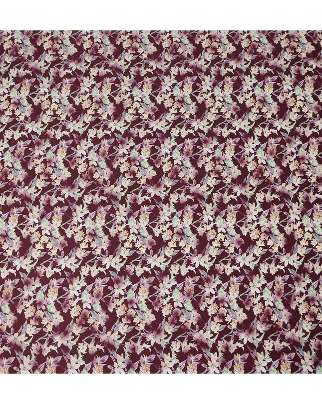 Burgundy Floral Printed Cotton Satin Fabric 110 Cms Width Soft Smooth Lustrous Dress Material India-D27956 Regal Fabrics