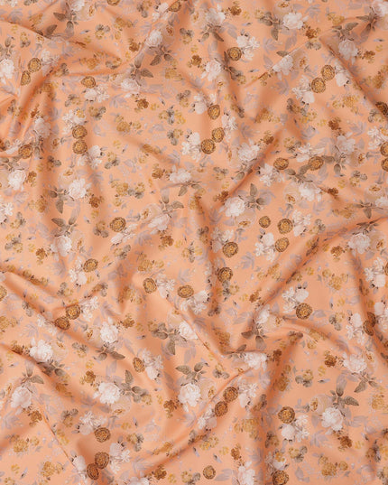 Peach Floral Printed Cotton Satin Fabric 110 Cms Width Soft Smooth Lustrous Dress Material India-D27957 Regal Fabrics