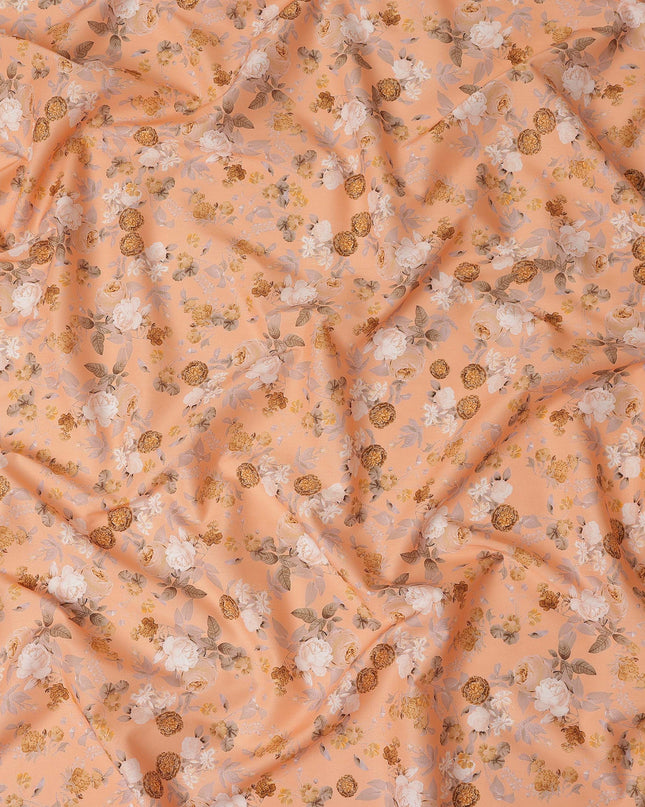 Peach Floral Printed Cotton Satin Fabric 110 Cms Width Soft Smooth Lustrous Dress Material India-D27957 Regal Fabrics