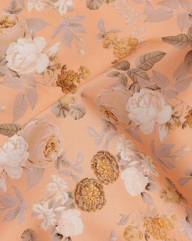 Peach Floral Printed Cotton Satin Fabric 110 Cms Width Soft Smooth Lustrous Dress Material India-D27957 Regal Fabrics