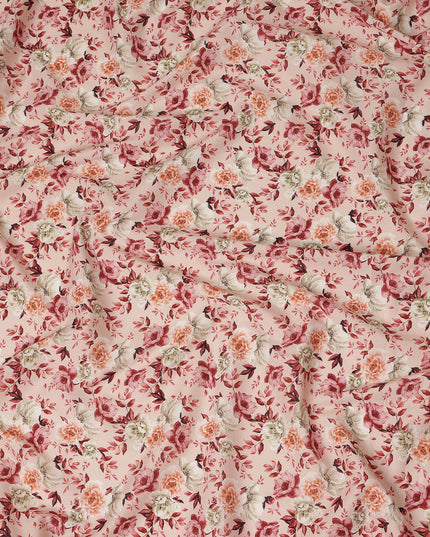Peach Pink Vintage Floral Print Cotton Satin Fabric, Elegant Rose Blossom Botanical Pattern Smooth Cotton Satin Material for Apparel Sewing Dressmaking, 110 Cms Width, Made In India-D28451 - Regal Fabrics
