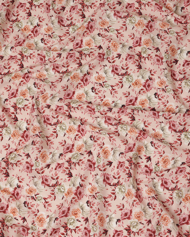Peach Pink Vintage Floral Print Cotton Satin Fabric, Elegant Rose Blossom Botanical Pattern Smooth Cotton Satin Material for Apparel Sewing Dressmaking, 110 Cms Width, Made In India-D28451 - Regal Fabrics
