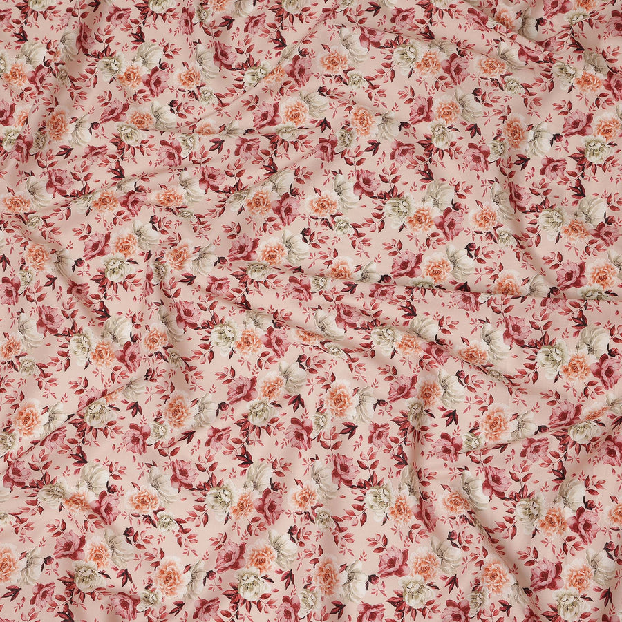 Peach Pink Vintage Floral Print Cotton Satin Fabric, Elegant Rose Blossom Botanical Pattern Smooth Cotton Satin Material for Apparel Sewing Dressmaking, 110 Cms Width, Made In India-D28451 - Regal Fabrics