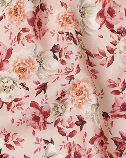 Peach Pink Vintage Floral Print Cotton Satin Fabric, Elegant Rose Blossom Botanical Pattern Smooth Cotton Satin Material for Apparel Sewing Dressmaking, 110 Cms Width, Made In India-D28451 - Regal Fabrics
