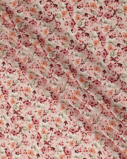 Peach Pink Vintage Floral Print Cotton Satin Fabric, Elegant Rose Blossom Botanical Pattern Smooth Cotton Satin Material for Apparel Sewing Dressmaking, 110 Cms Width, Made In India-D28451 - Regal Fabrics