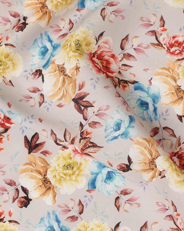 Ivory Multicolor Floral Print Cotton Satin Fabric, Elegant Vintage Blossom Botanical Pattern Smooth Soft Cotton Satin Material for Apparel Sewing Dressmaking, 110 Cms Width, Made In India-D28456 - Regal Fabrics