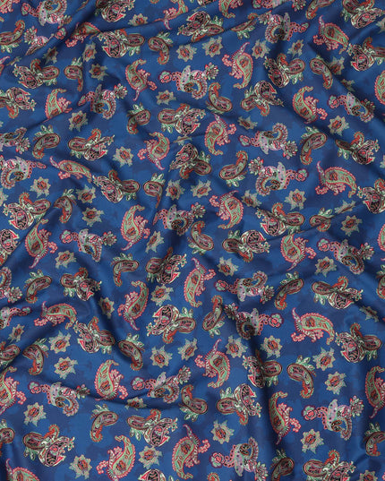 Royal Blue Multicolor Paisley Floral Printed Cotton Satin Fabric 110 Cms Width Smooth Lustrous Dress Material India-D28059