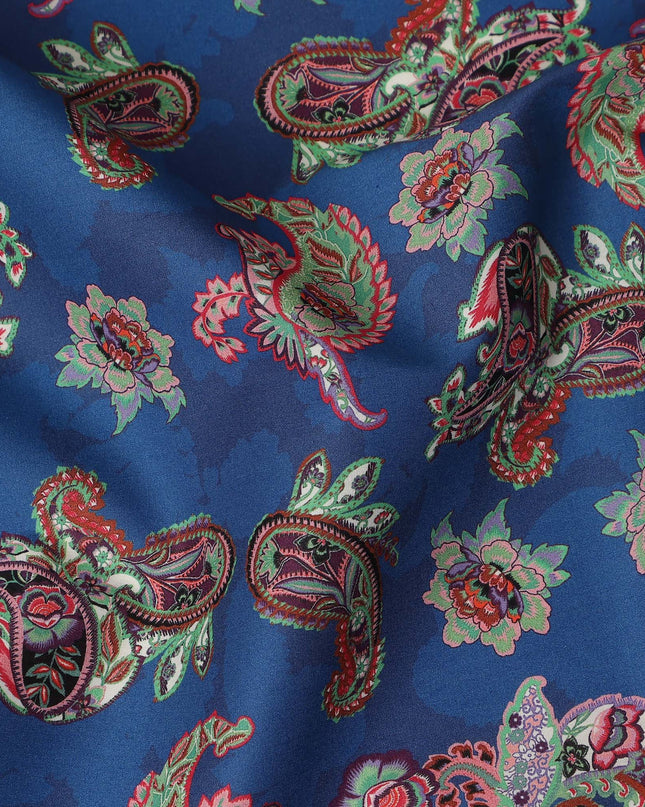 Royal Blue Multicolor Paisley Floral Printed Cotton Satin Fabric 110 Cms Width Smooth Lustrous Dress Material India-D28059