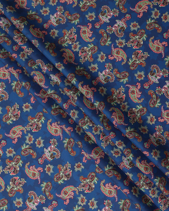 Royal Blue Multicolor Paisley Floral Printed Cotton Satin Fabric 110 Cms Width Smooth Lustrous Dress Material India-D28059