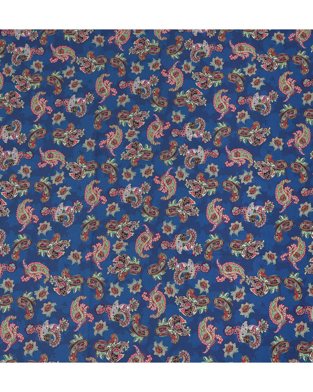 Royal Blue Multicolor Paisley Floral Printed Cotton Satin Fabric 110 Cms Width Smooth Lustrous Dress Material India-D28059
