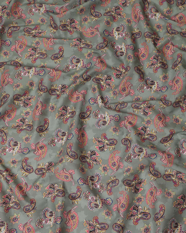 Sage Green Multicolor Paisley Floral Printed Cotton Satin Fabric 110 Cms Width Smooth Lustrous Dress Material India-D28060