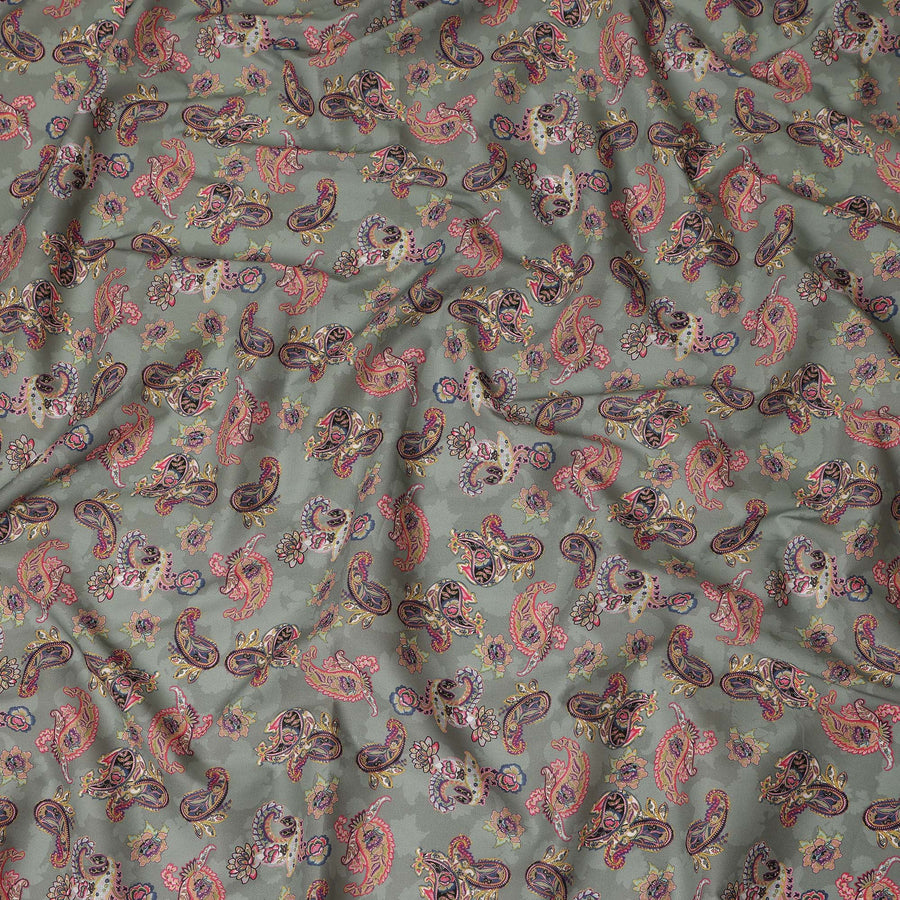 Sage Green Multicolor Paisley Floral Printed Cotton Satin Fabric 110 Cms Width Smooth Lustrous Dress Material India-D28060