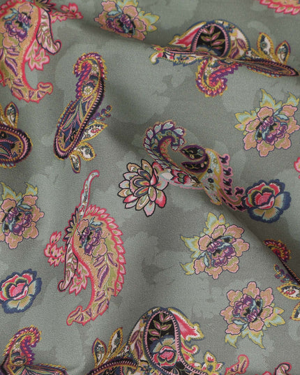 Sage Green Multicolor Paisley Floral Printed Cotton Satin Fabric 110 Cms Width Smooth Lustrous Dress Material India-D28060