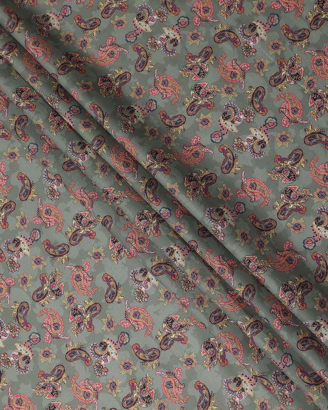 Sage Green Multicolor Paisley Floral Printed Cotton Satin Fabric 110 Cms Width Smooth Lustrous Dress Material India-D28060