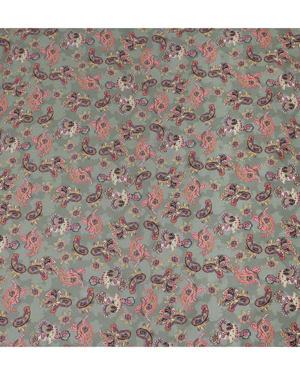 Sage Green Multicolor Paisley Floral Printed Cotton Satin Fabric 110 Cms Width Smooth Lustrous Dress Material India-D28060