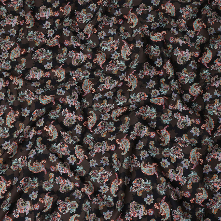 Dark Brown Multicolor Paisley Floral Printed Cotton Satin Fabric 110 Cms Width Smooth Lustrous Dress Material India-D28061