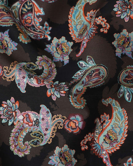 Dark Brown Multicolor Paisley Floral Printed Cotton Satin Fabric 110 Cms Width Smooth Lustrous Dress Material India-D28061