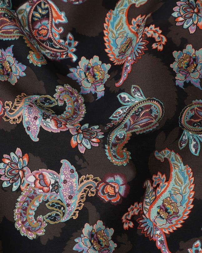 Dark Brown Multicolor Paisley Floral Printed Cotton Satin Fabric 110 Cms Width Smooth Lustrous Dress Material India-D28061