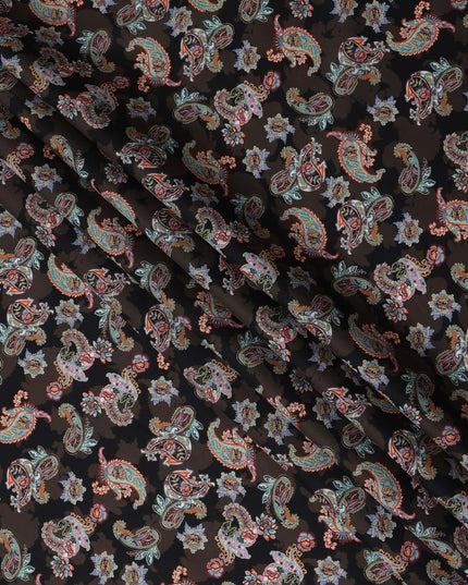 Dark Brown Multicolor Paisley Floral Printed Cotton Satin Fabric 110 Cms Width Smooth Lustrous Dress Material India-D28061