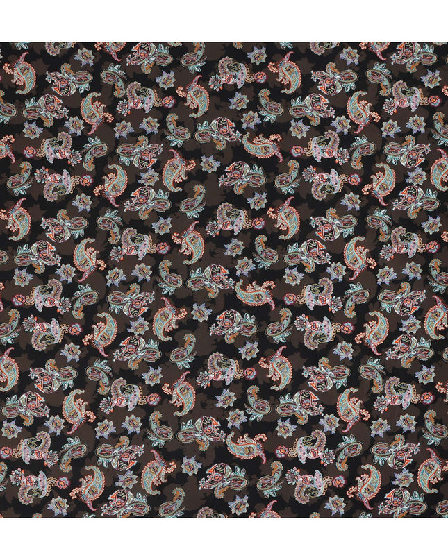 Dark Brown Multicolor Paisley Floral Printed Cotton Satin Fabric 110 Cms Width Smooth Lustrous Dress Material India-D28061