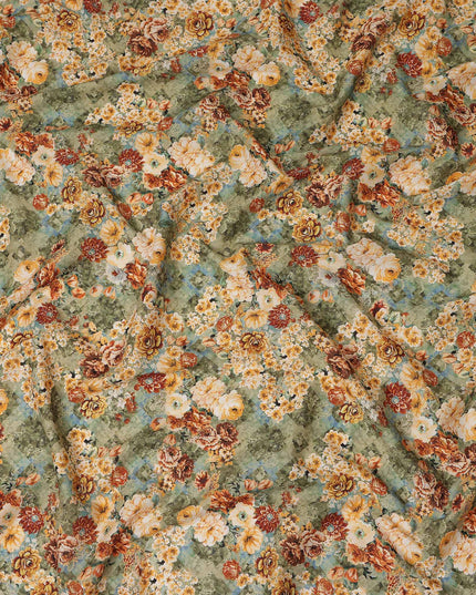 Olive Green Multicolor Floral Bouquet Printed Cotton Satin Fabric 110 Cms Width Smooth Lustrous Dress Material India-D28057