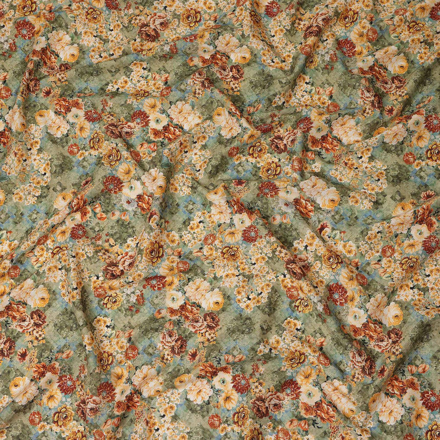 Olive Green Multicolor Floral Bouquet Printed Cotton Satin Fabric 110 Cms Width Smooth Lustrous Dress Material India-D28057