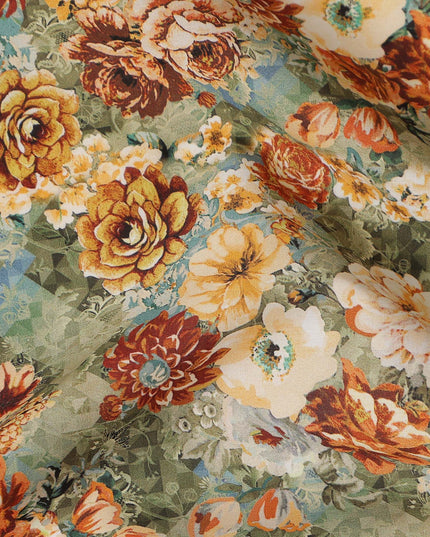 Olive Green Multicolor Floral Bouquet Printed Cotton Satin Fabric 110 Cms Width Smooth Lustrous Dress Material India-D28057