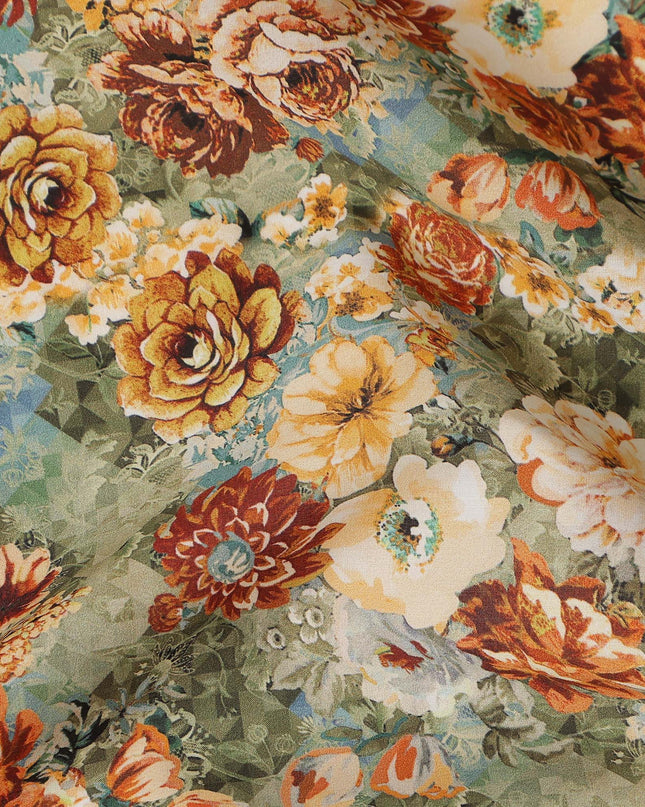 Olive Green Multicolor Floral Bouquet Printed Cotton Satin Fabric 110 Cms Width Smooth Lustrous Dress Material India-D28057