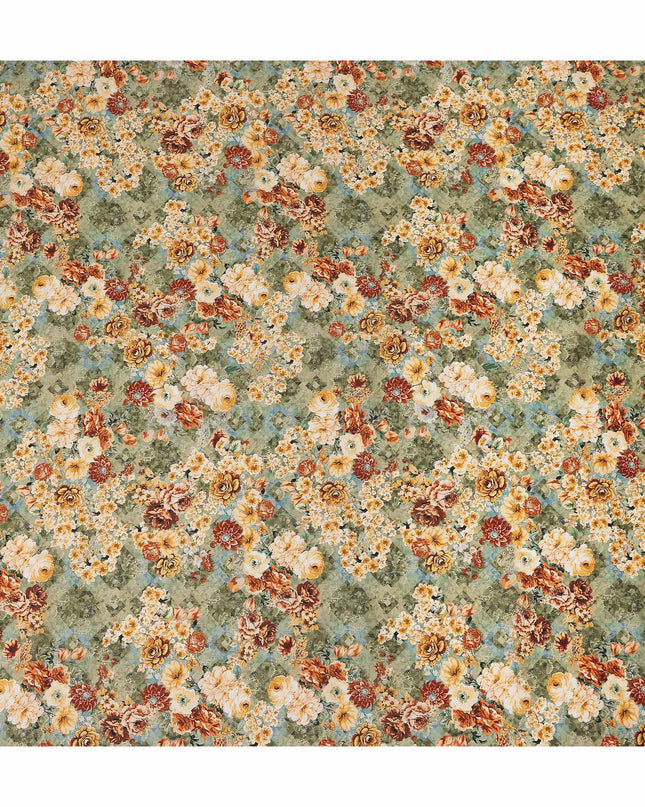 Olive Green Multicolor Floral Bouquet Printed Cotton Satin Fabric 110 Cms Width Smooth Lustrous Dress Material India-D28057