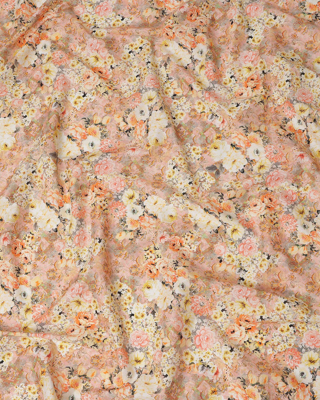 Peach Multicolor Floral Bouquet Printed Cotton Satin Fabric 110 Cms Width Smooth Lustrous Dressmaking Craft Material India-D28056