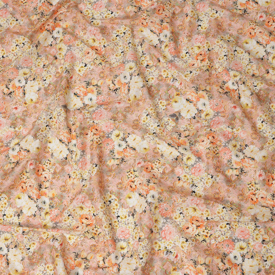 Peach Multicolor Floral Bouquet Printed Cotton Satin Fabric 110 Cms Width Smooth Lustrous Dressmaking Craft Material India-D28056