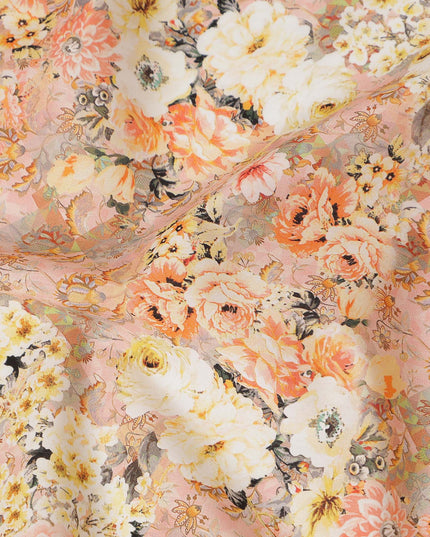 Peach Multicolor Floral Bouquet Printed Cotton Satin Fabric 110 Cms Width Smooth Lustrous Dressmaking Craft Material India-D28056