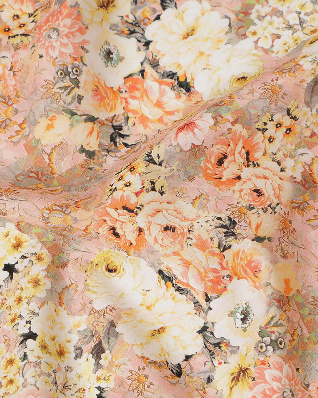 Peach Multicolor Floral Bouquet Printed Cotton Satin Fabric 110 Cms Width Smooth Lustrous Dressmaking Craft Material India-D28056