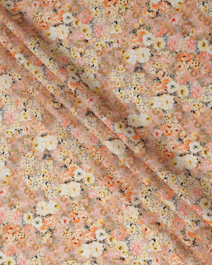 Peach Multicolor Floral Bouquet Printed Cotton Satin Fabric 110 Cms Width Smooth Lustrous Dressmaking Craft Material India-D28056