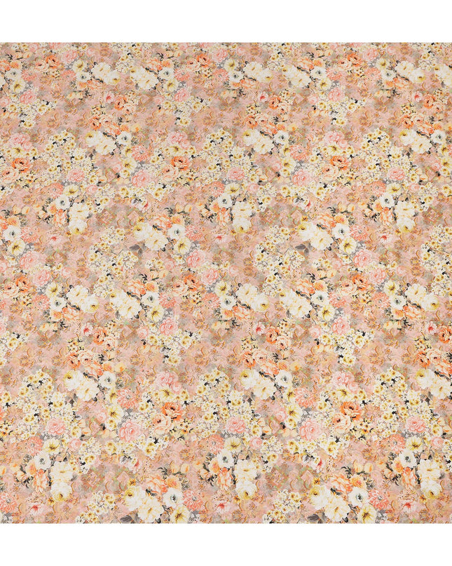 Peach Multicolor Floral Bouquet Printed Cotton Satin Fabric 110 Cms Width Smooth Lustrous Dressmaking Craft Material India-D28056