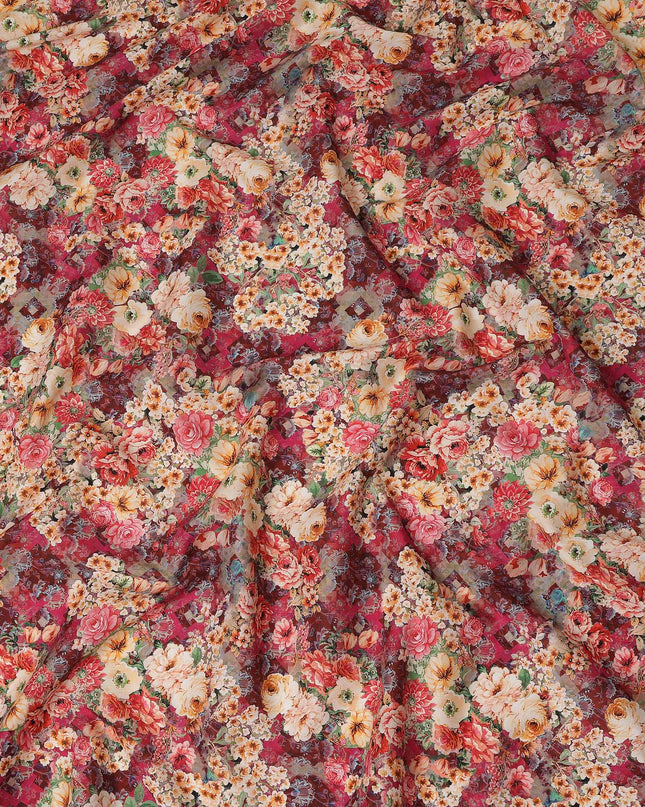 Crimson Red Multicolor Floral Bouquet Printed Cotton Satin Fabric 110 Cms Width Smooth Lustrous Dress Material India-D28062