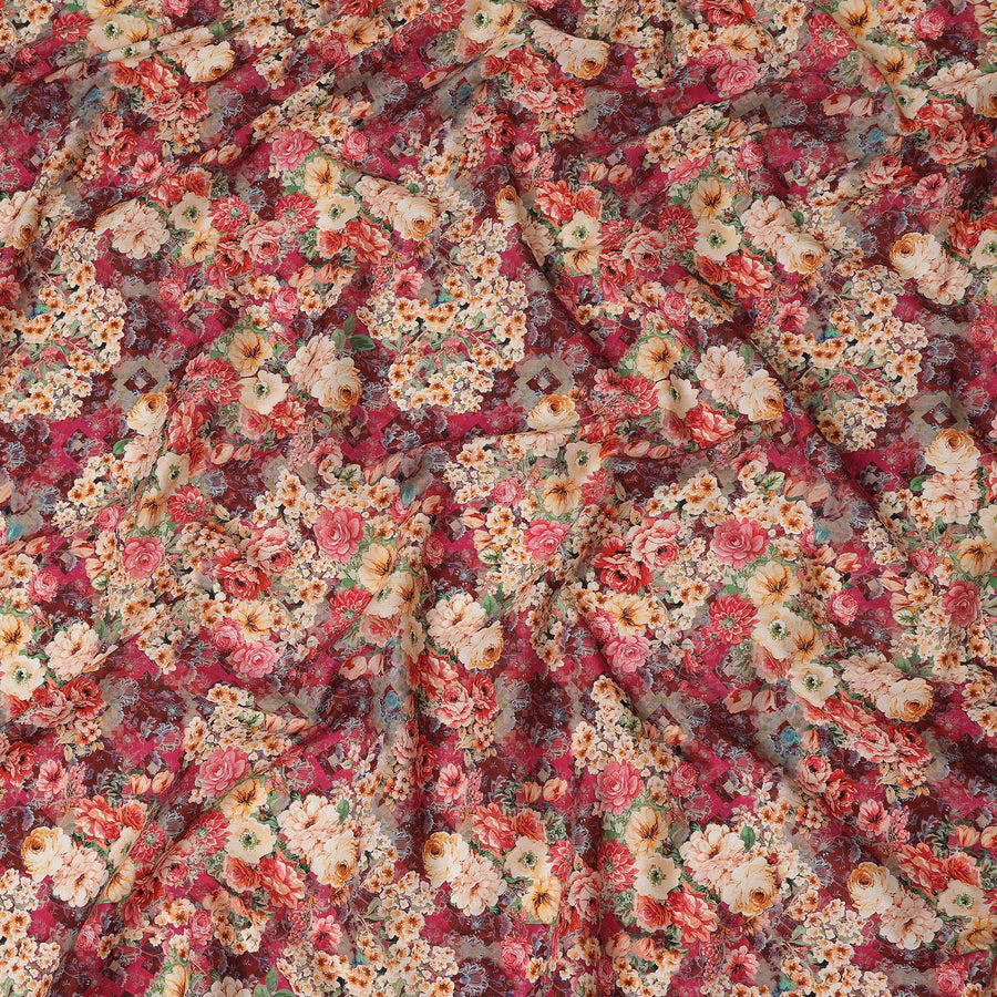 Crimson Red Multicolor Floral Bouquet Printed Cotton Satin Fabric 110 Cms Width Smooth Lustrous Dress Material India-D28062