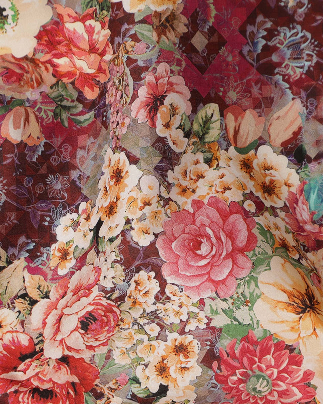 Crimson Red Multicolor Floral Bouquet Printed Cotton Satin Fabric 110 Cms Width Smooth Lustrous Dress Material India-D28062
