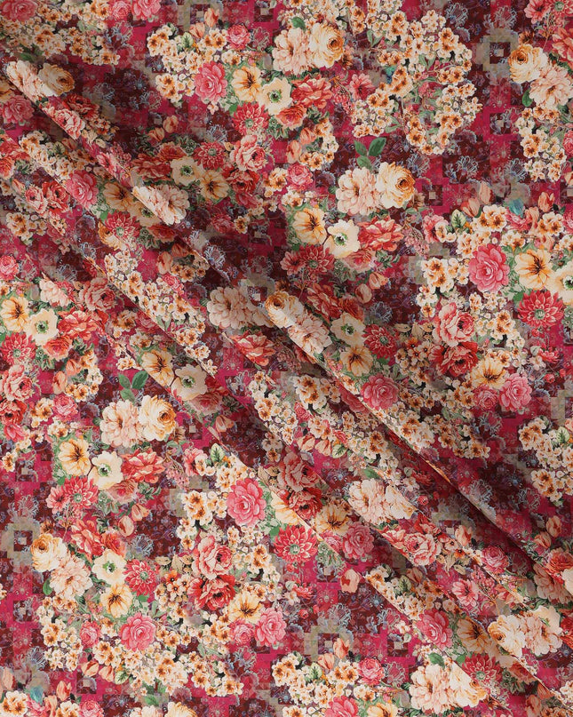 Crimson Red Multicolor Floral Bouquet Printed Cotton Satin Fabric 110 Cms Width Smooth Lustrous Dress Material India-D28062