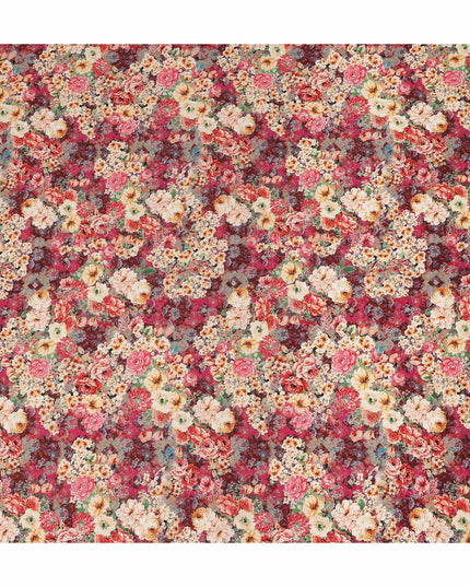 Crimson Red Multicolor Floral Bouquet Printed Cotton Satin Fabric 110 Cms Width Smooth Lustrous Dress Material India-D28062